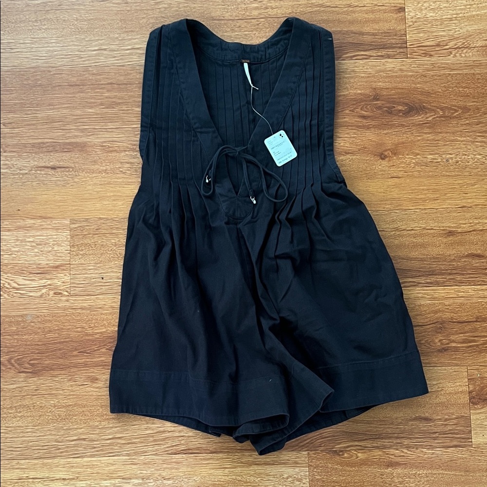 Free People Black Pleated Garment Romper (shorts with side zipper and pockets)